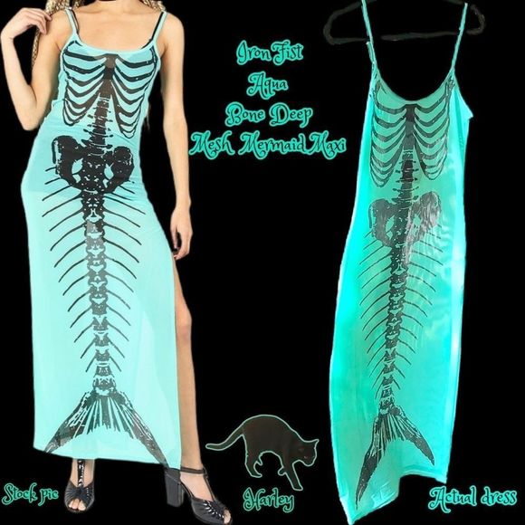 NWT $75 Iron Fist | Bone Deep | Sheer | Mermaid Mesh Maxi Dress in Aqua - Picture 3 of 15
